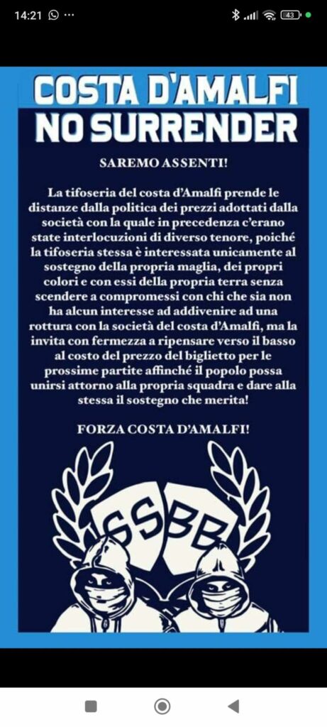 NocerinaLive, Caro Biglietti la tifoseria del Costa D’amalfi non ci sta “Prezzi troppo alti”