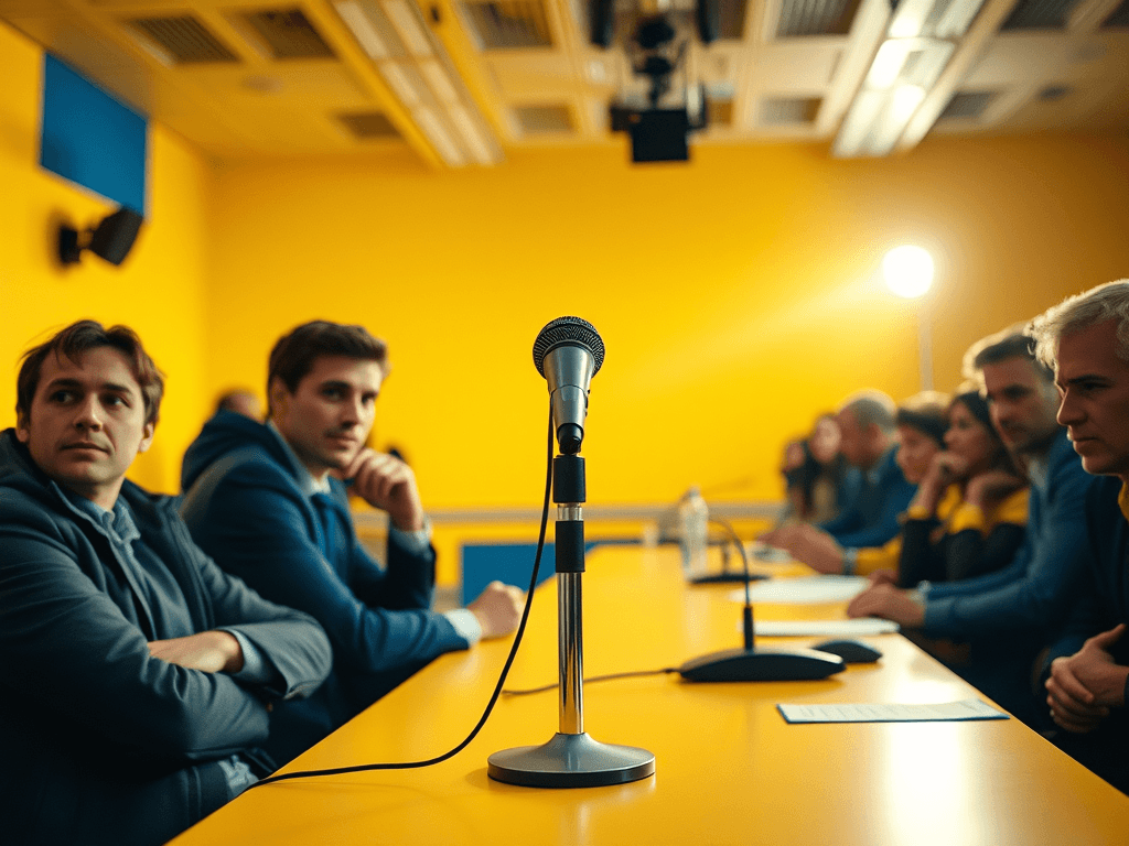 sala-stampa-giallo-blu-con-microfono-sul-tavolo-e-giornalisti