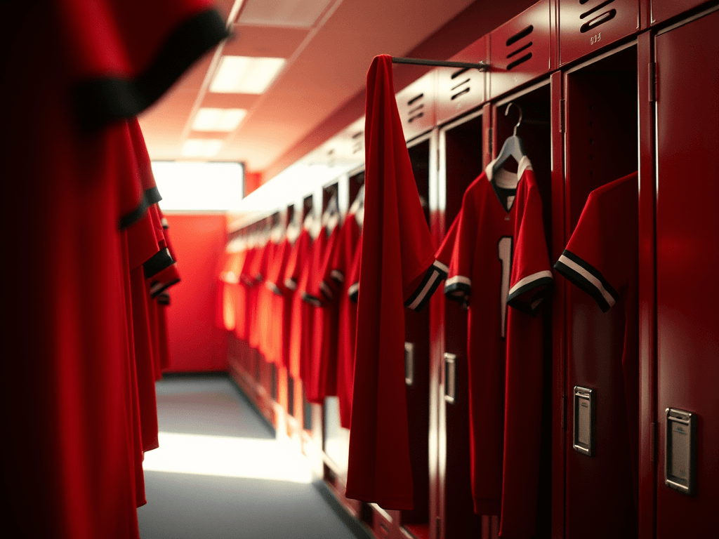 spogliatoio-con-maglie-appese-rosso-nere