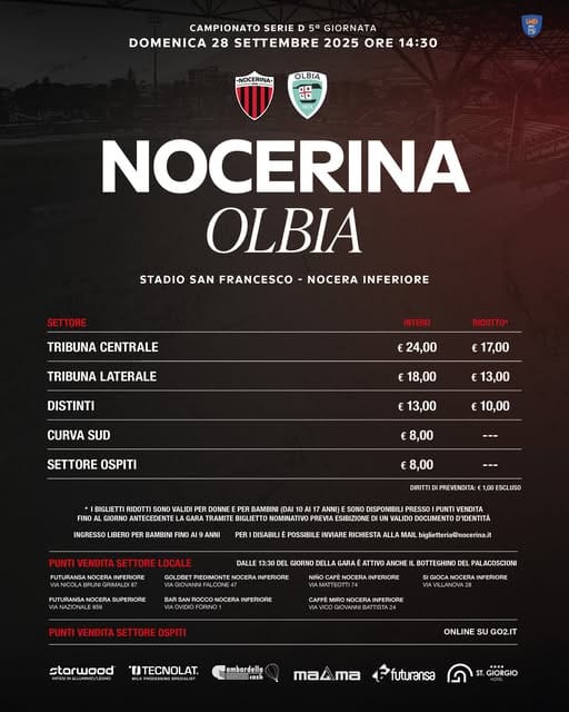 Nocerina–Olbia, biglietti in vendita per la sfida del 28 settembre