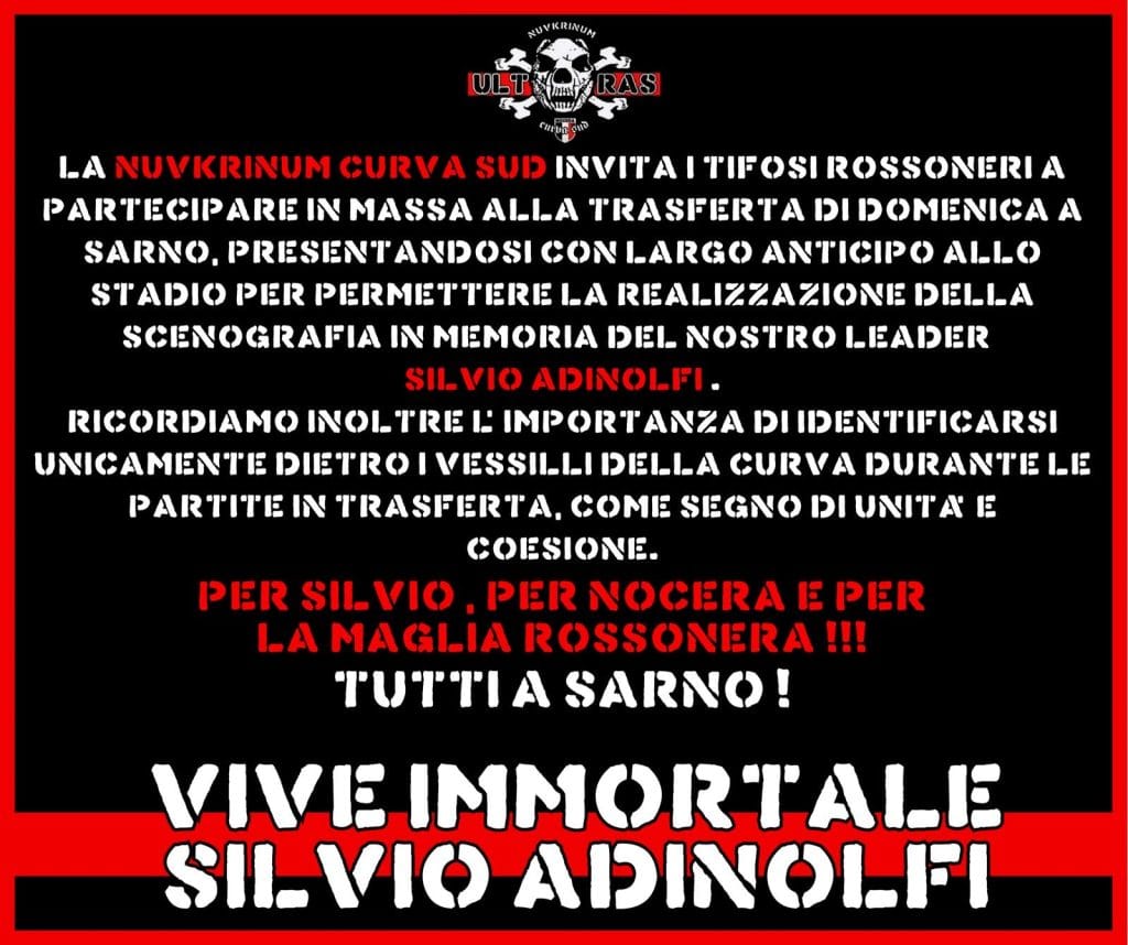 Nocerina, la Curva Sud chiama a raccolta i tifosi per Sarno: «Per Silvio, per Nocera e per la maglia rossonera»