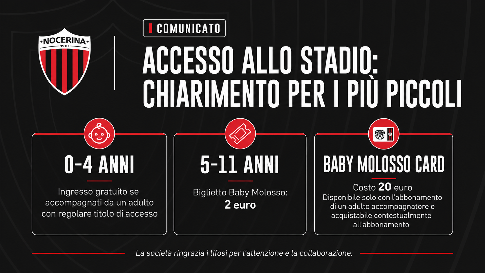 Nocerina, precisazione sull’accesso allo stadio per i bambini: ingresso gratuito fino a 4 anni
