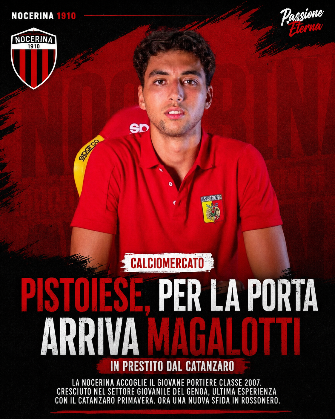 Serie D Nocerina, ufficiale Gabriele Magalotti: giovane portiere cresciuto nel Genoa