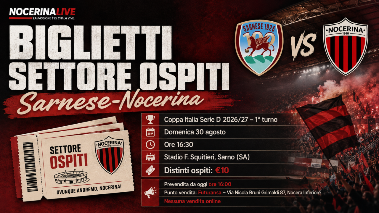 Sarnese-Nocerina, biglietti settore ospiti: vendita da oggi a Nocera Inferiore, prezzo 10 euro