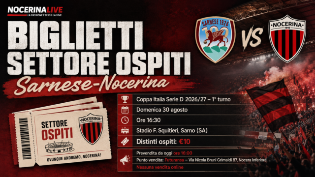 Sarnese-Nocerina, biglietti settore ospiti: vendita da oggi a Nocera Inferiore, prezzo 10 euro