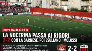 COPPA ITALIA, NOCERINA AVANTI AI RIGORI: 2-2 A SARNO, POI I MOLOSSI FANNO FESTA