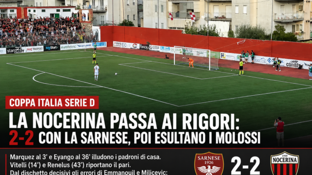COPPA ITALIA, NOCERINA AVANTI AI RIGORI: 2-2 A SARNO, POI I MOLOSSI FANNO FESTA