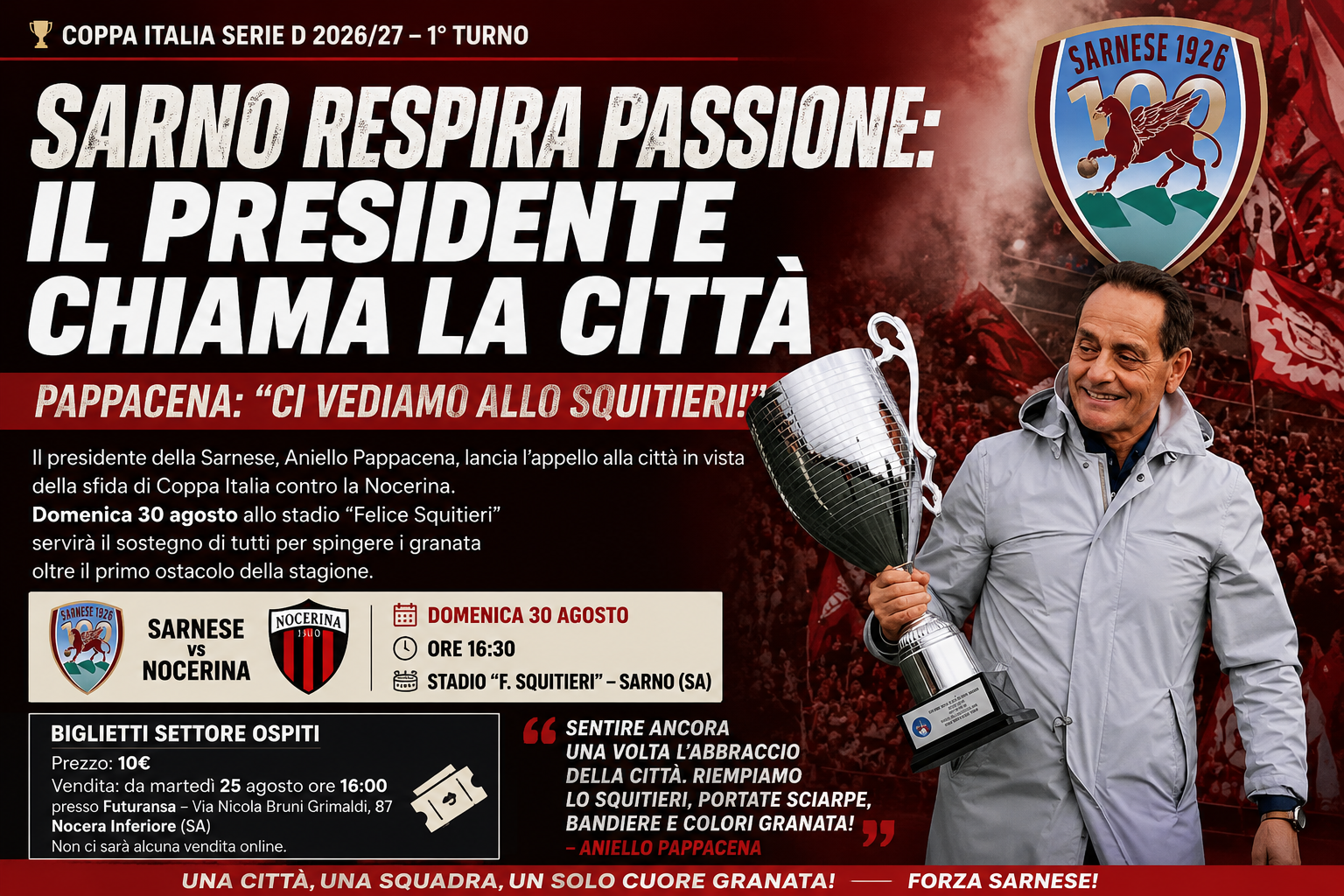 La Nocerina accende Sarno: il presidente della Sarnese chiama la città per il derby di Coppa