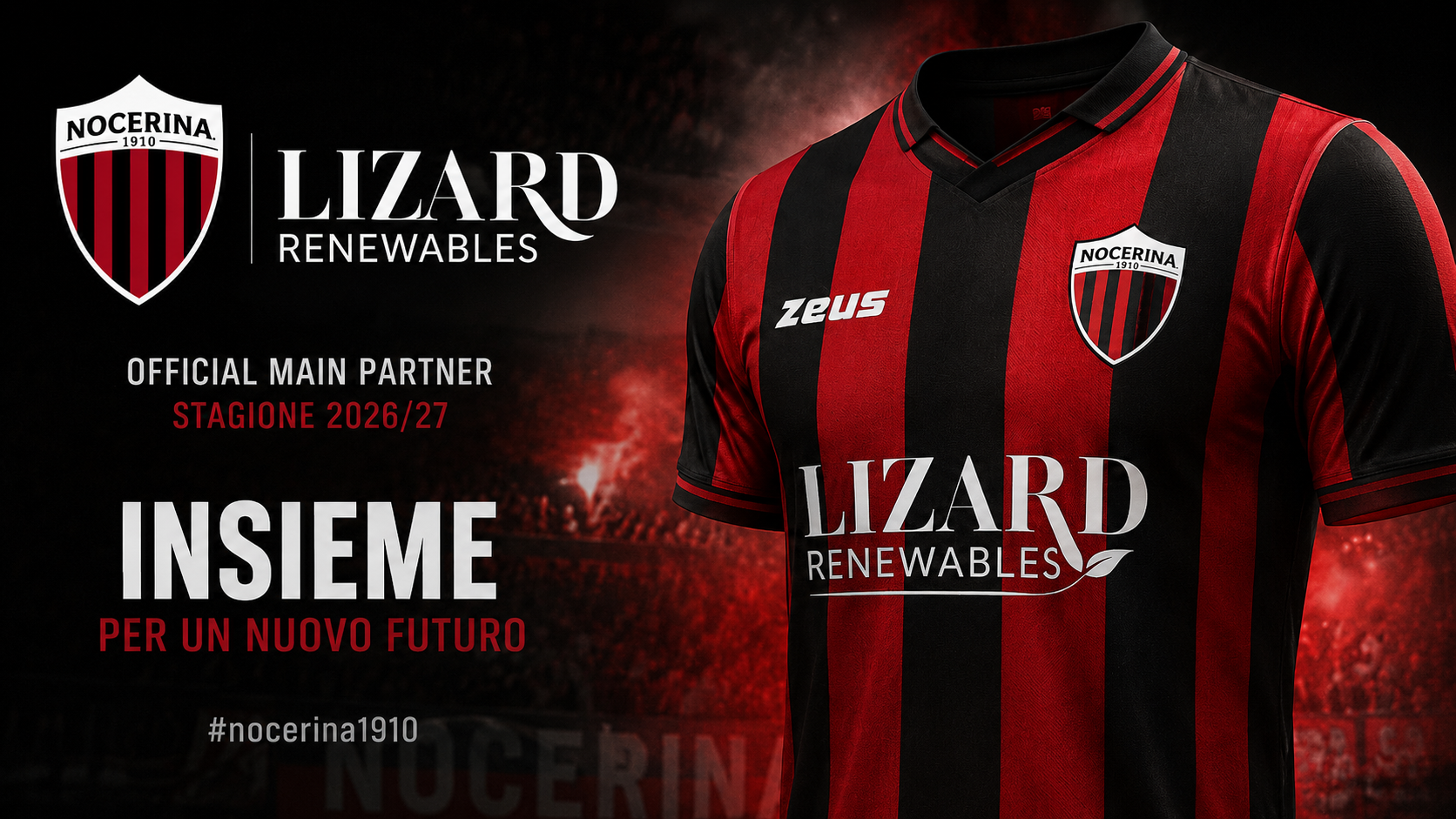 La Nocerina ha ufficializzato il nuovo Main Partner per la stagione sportiva 2026/27. Sarà Lizard Renewables ad accompagnare i rossoneri nel corso della nuova annata, diventando anche il Front Sponsor dei kit gara ufficiali.