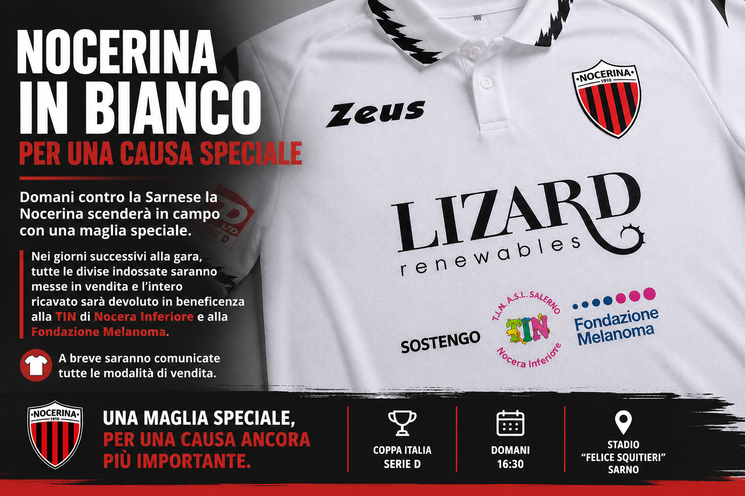 NOCERINA, CONTRO LA SARNESE UNA MAGLIA SPECIALE: LE DIVISE SARANNO VENDUTE PER BENEFICENZA