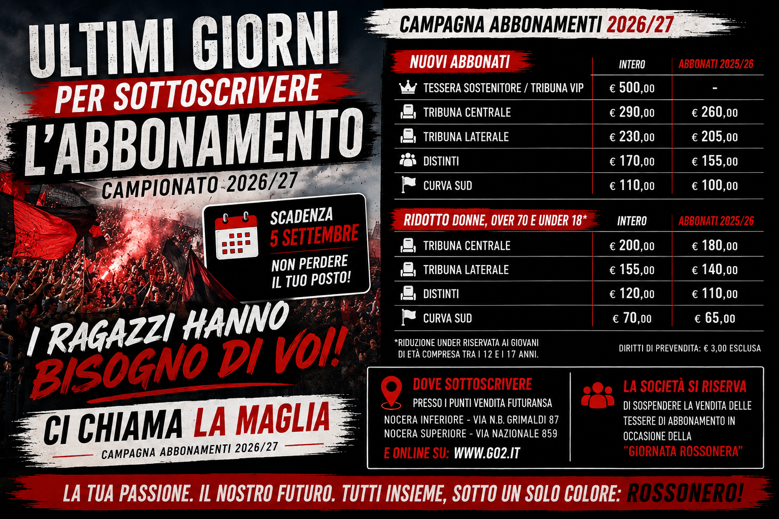 NOCERINA, ULTIMI GIORNI PER GLI ABBONAMENTI: CAMPAGNA APERTA FINO AL 5 SETTEMBRE