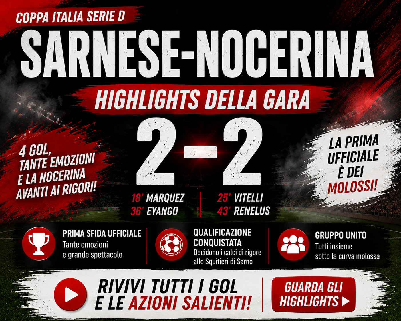 SARNESE-NOCERINA 2-2, GLI HIGHLIGHTS: GOL ED EMOZIONI ALLO SQUITIERI