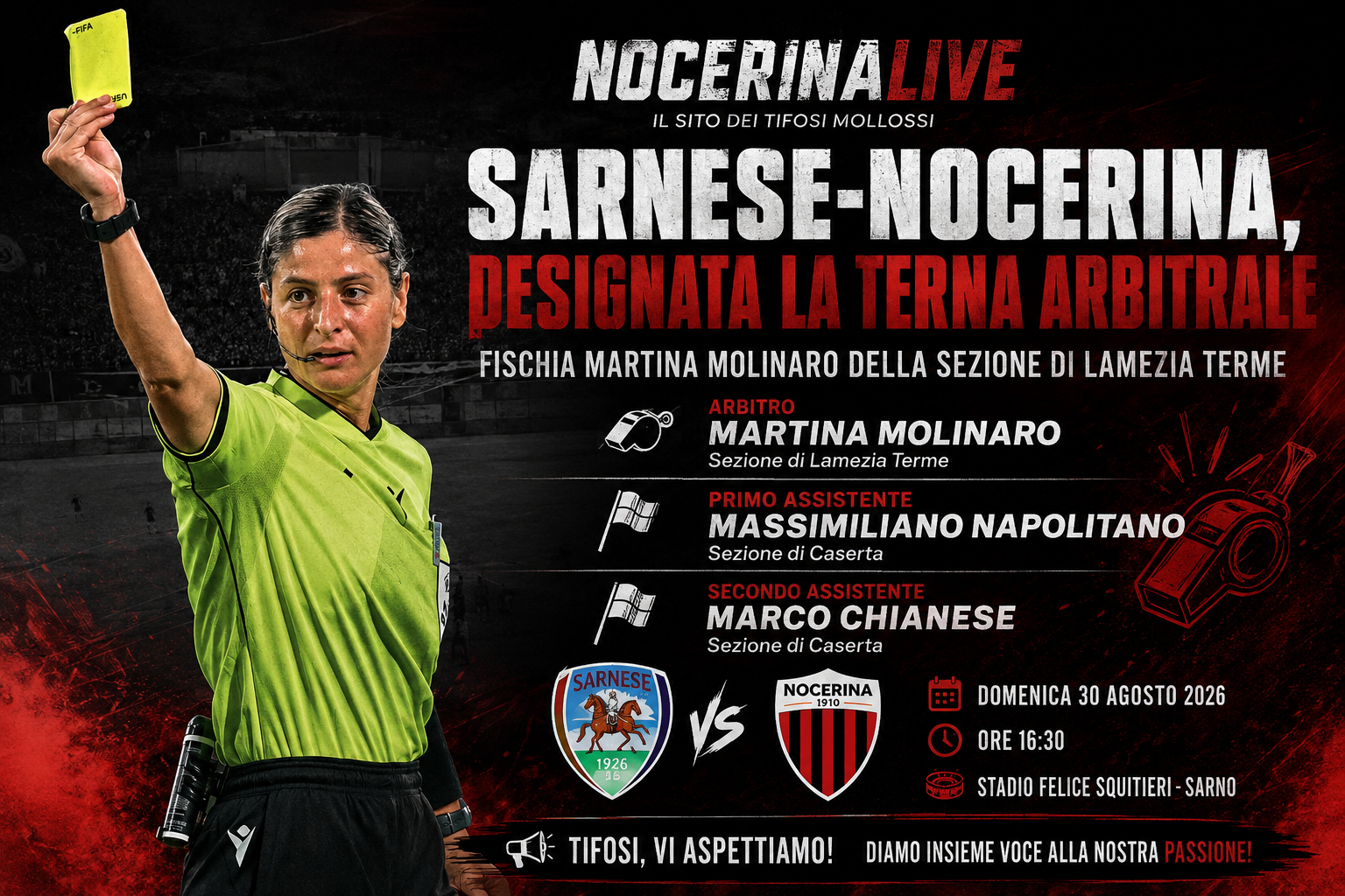 Sarnese-Nocerina, designata la terna arbitrale: fischia Martina Molinaro