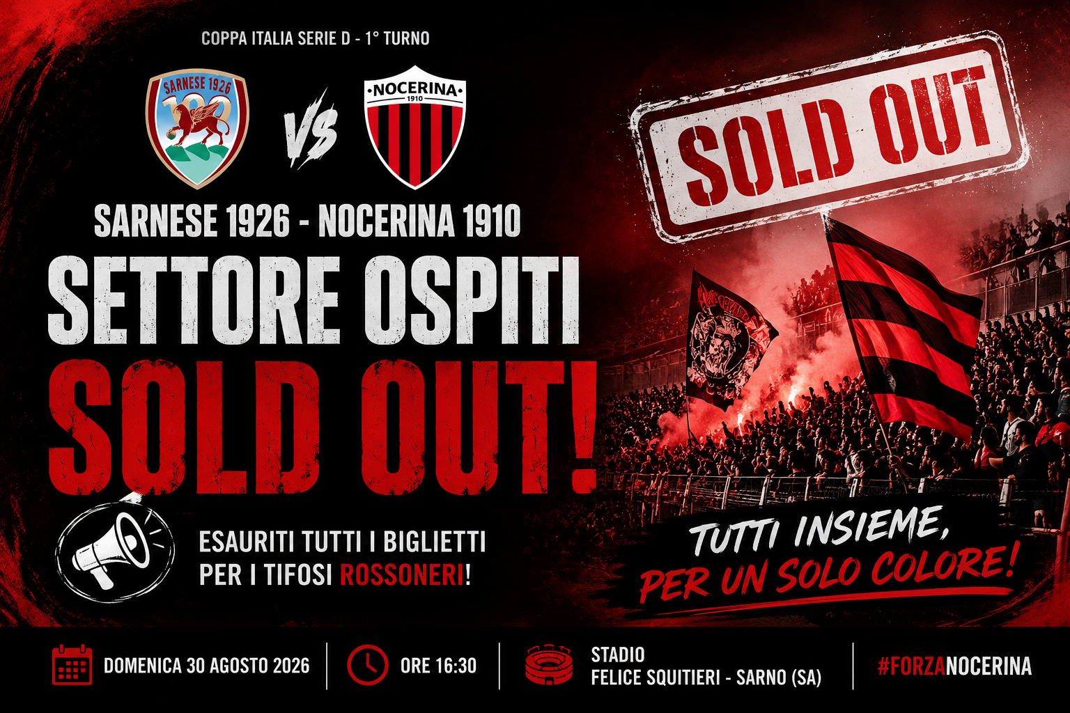 Sarnese-Nocerina, settore ospiti sold out: esauriti i biglietti per i tifosi rossoneri