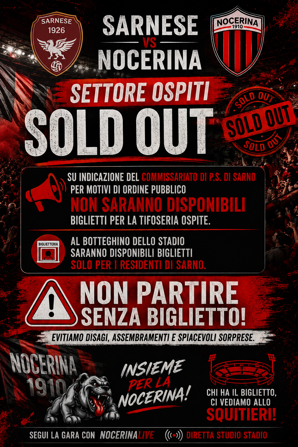 SARNese-NOCERINA, SETTORE OSPITI SOLD OUT: L’APPELLO AI TIFOSI ROSSONERI, «NON PARTITE SENZA BIGLIETTO»