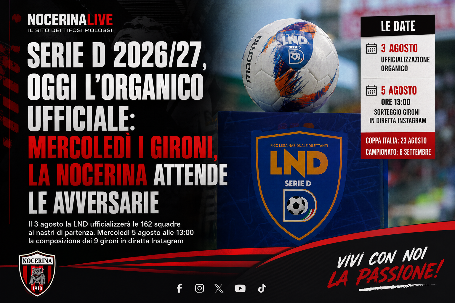Serie D 2026/27, oggi l’organico ufficiale: mercoledì i gironi, la Nocerina attende le avversarie