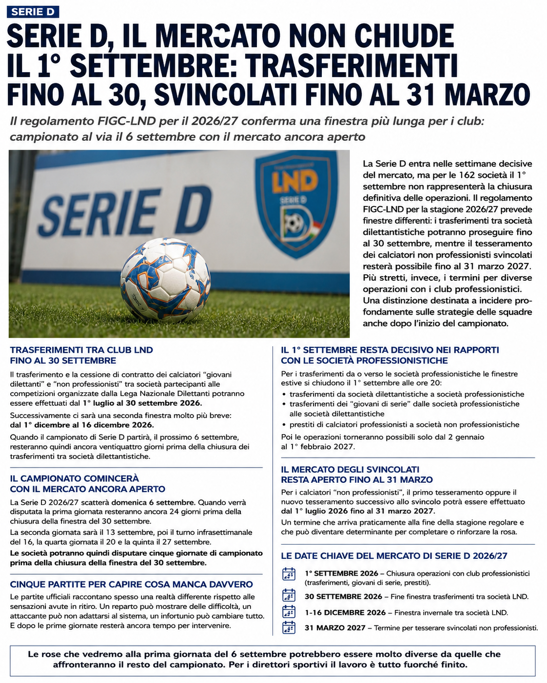 SERIE D, IL MERCATO NON CHIUDE IL 1° SETTEMBRE: TRASFERIMENTI FINO AL 30, SVINCOLATI FINO AL 31 MARZO