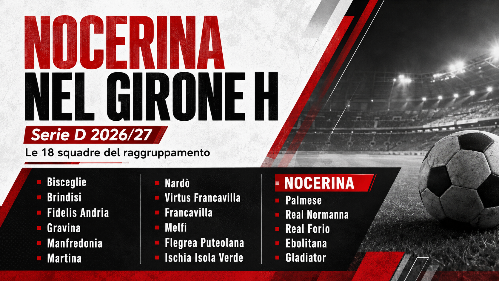 Serie D, la Nocerina inserita nel Girone H: otto campane e tante sfide di prestigio