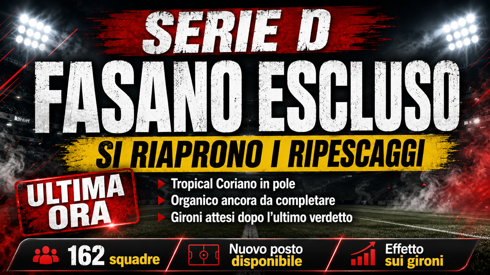 Serie D, terremoto Fasano: escluso dal campionato. Tropical Coriano verso il ripescaggio, cambia anche il mosaico dei gironi