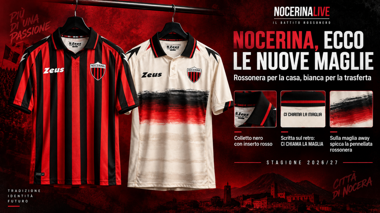 Nocerina, svelate le nuove maglie 2026/27: tradizione rossonera e stile anche in trasferta