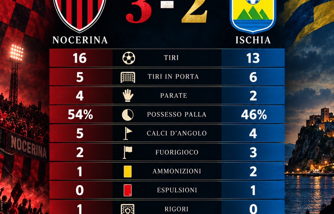 Nocerina-Ischia 3-2, i numeri della rimonta: Cardella e Stefanelli ribaltano il San Francesco